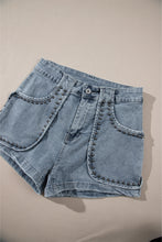 Load image into Gallery viewer, Dusk Blue Studded Acid Wash Jean Shorts
