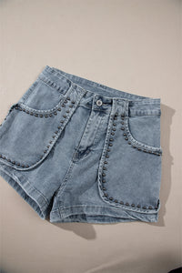 Dusk Blue Studded Acid Wash Jean Shorts