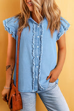 Load image into Gallery viewer, Beau Blue Button Front Ruffled Flutter Frayed Denim Top
