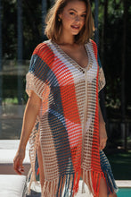 Load image into Gallery viewer, Multicolor Striped Tassel Crochet V Neck Beach Cover Up
