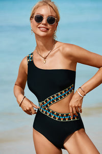 Black Cutout One Shoulder One Piece Swim Suit