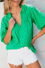 Load image into Gallery viewer, Green Flower Embroidered Hollow-out Puff Sleeve Blouse
