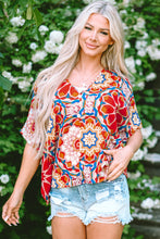 Load image into Gallery viewer, Red Floral Print Batwing Sleeve V Neck Blouse
