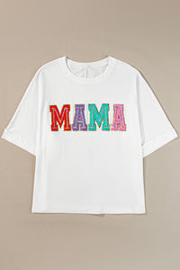 White MAMA Chenille Patched Crew Neck T Shirt