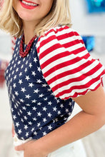 Load image into Gallery viewer, Navy Blue 4th Of July Stars Stripes Puff Sleeve T Shirt
