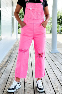 Pink Distressed Denim Overall