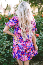 Load image into Gallery viewer, Purple Flower Print Short Puff Sleeve Ruffled Dress
