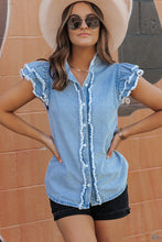 Load image into Gallery viewer, Beau Blue Button Front Ruffled Flutter Frayed Denim Top
