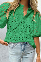 Load image into Gallery viewer, Green Flower Embroidered Hollow-out Puff Sleeve Blouse
