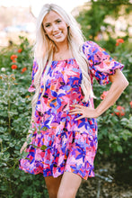 Load image into Gallery viewer, Purple Flower Print Short Puff Sleeve Ruffled Dress
