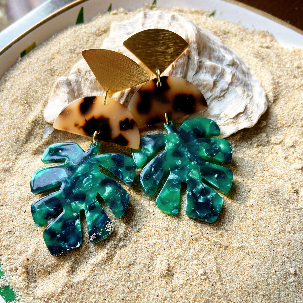 Green Monstera leaf tortoise Shell earrings