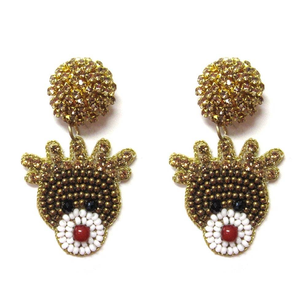 Seed Bead Gold Reindeer Drop Earrings